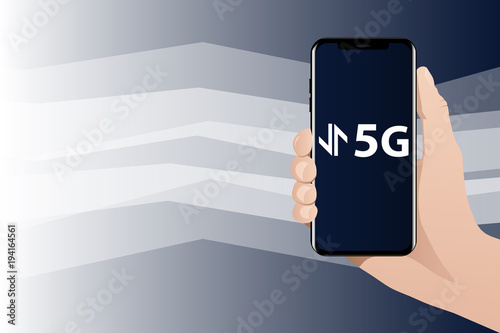 Hand with phone. The screen shows 5G symbol. From the phone goes the signal. World's fastest mobile internet.