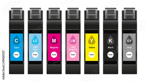 Vector illustration of CMYK ink cartridges with special light inks which consist of cyan, light cyan, magenta, light magenta, yellow, black and gray isolated on white background
