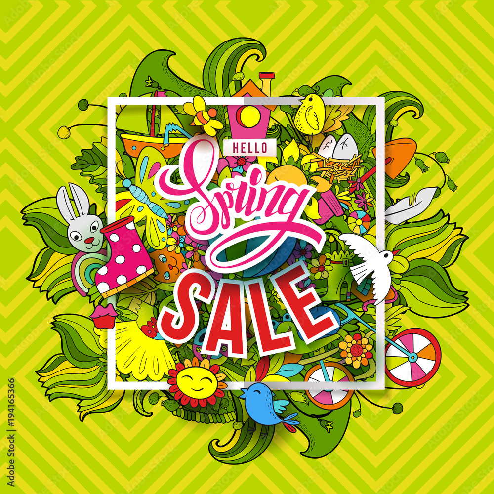 Cartoon hand drawn Doodle Big Spring Sale art. For banners, posters, flyers, cards, invitations. Vector illustration. Colorful detailed background with objects and symbols. All objects are separated