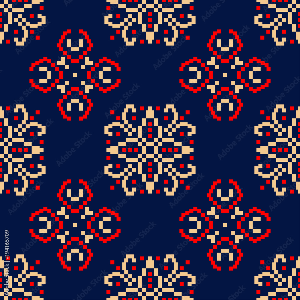 Blue seamless background. Floral beige and red pattern Blue seamless background. Floral beige and red pattern