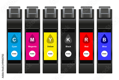 Vector illustration of CMYK ink cartridges with special inks which consist of cyan, magenta, yellow, black, red and blue isolated on white background