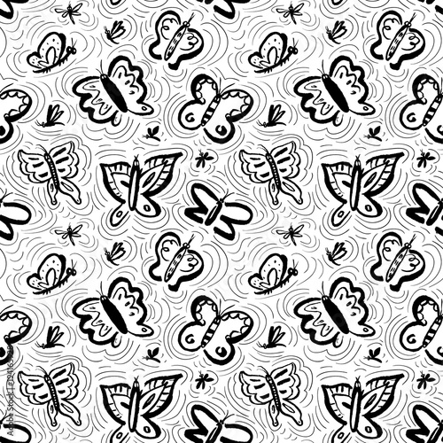 Seamless pattern with cute butterflies. Background with funny insects in doodle sketchy style