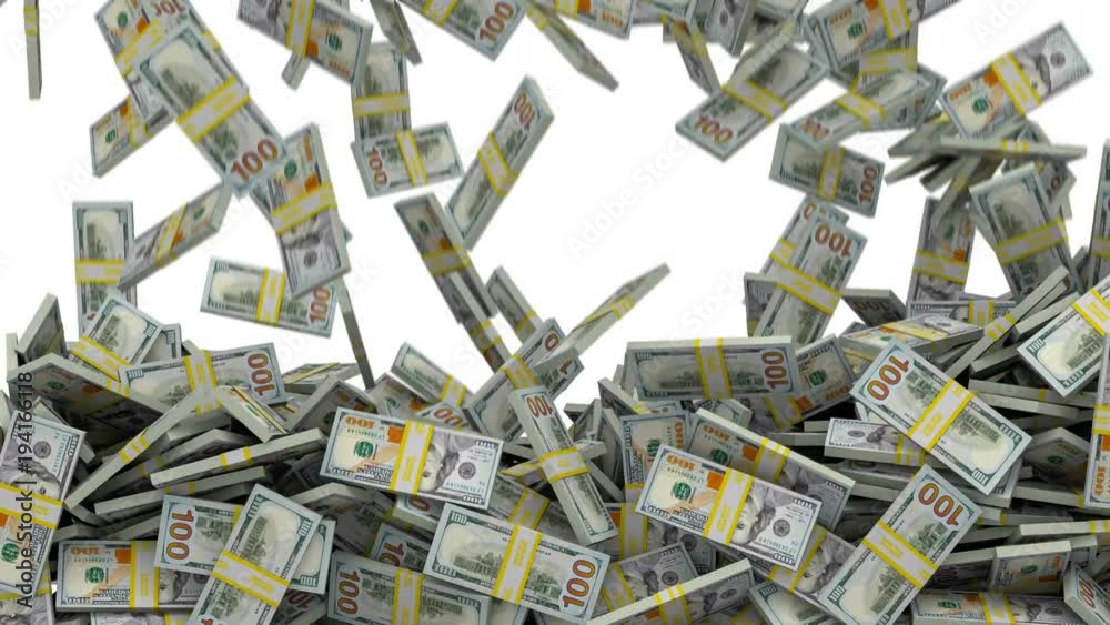 Bundles of US one hundred dollar bills fill the screen on white background.