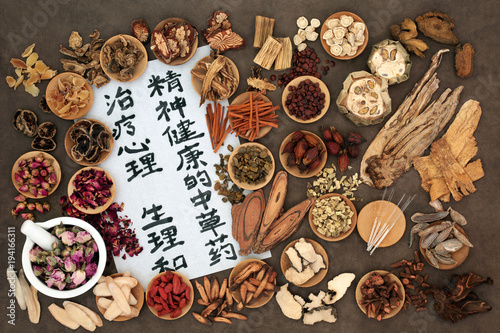 Chinese herbs used in herbal medicine with acupuncture needles and calligraphy script on rice paper. Translation reads as traditional ancient chinese medicine to heal mind body and spirit.