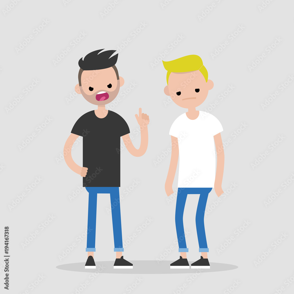 Quarrel conceptual illustration. Young pissed off character pointing a finger and yelling at his friend. Two arguing characters. Flat editable vector, clip art