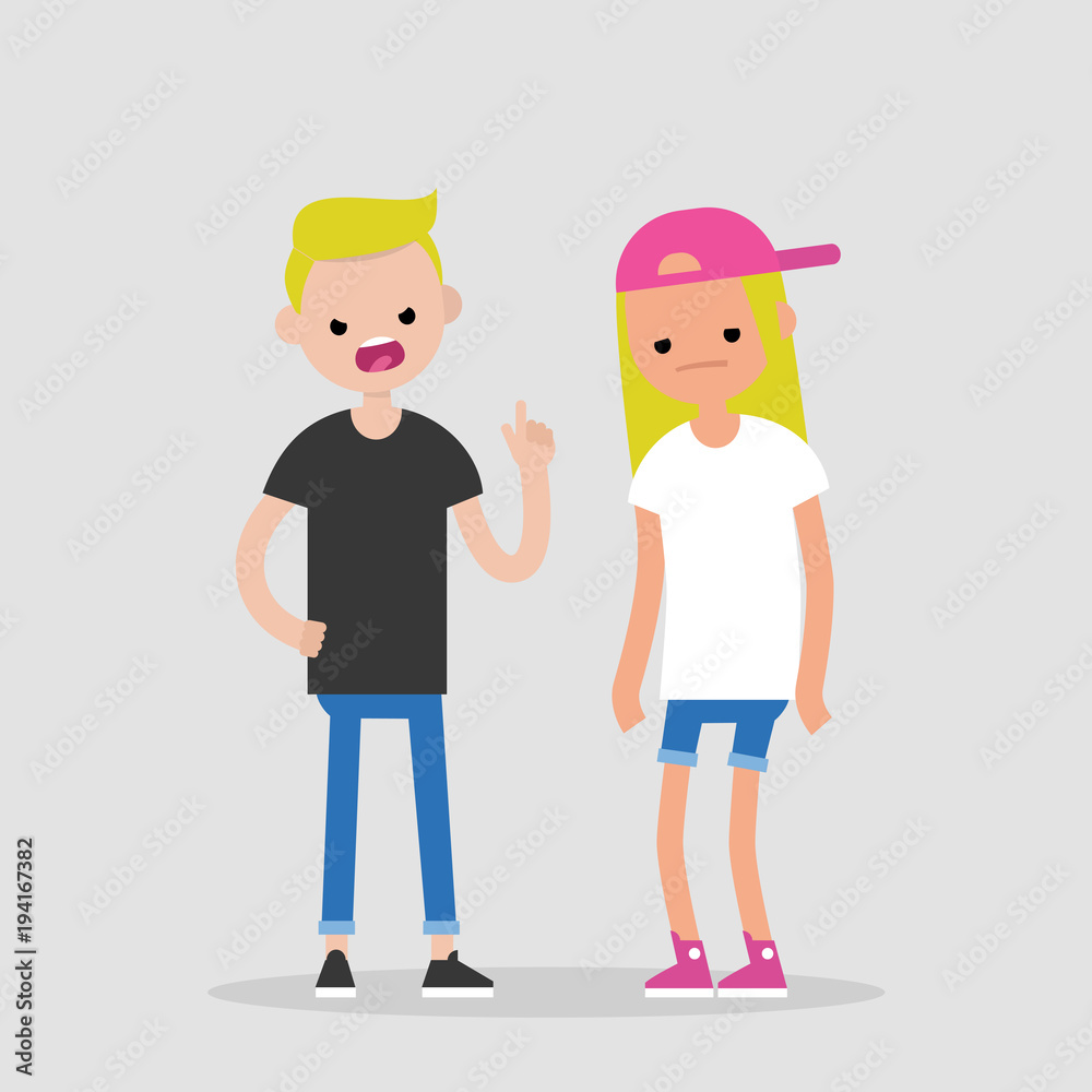 Quarrel conceptual illustration. Young pissed off man pointing a finger and yelling at his girlfriend. Two arguing characters. Flat editable vector, clip art