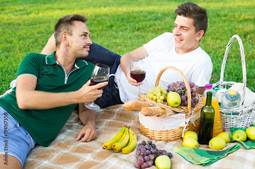Two males friends gaily spending time together on picnic drinking wine