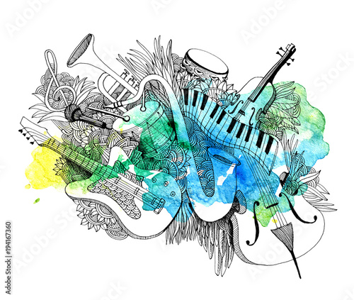 Composition of musical instruments with a splash of colors