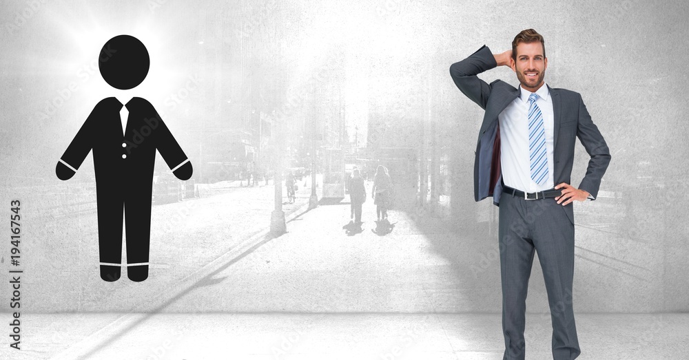 Obraz premium Businessman with person icon and city wall