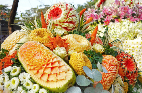 Artistic carved vegetables and  fruit as decoration, Chiang Mai, Thailand 