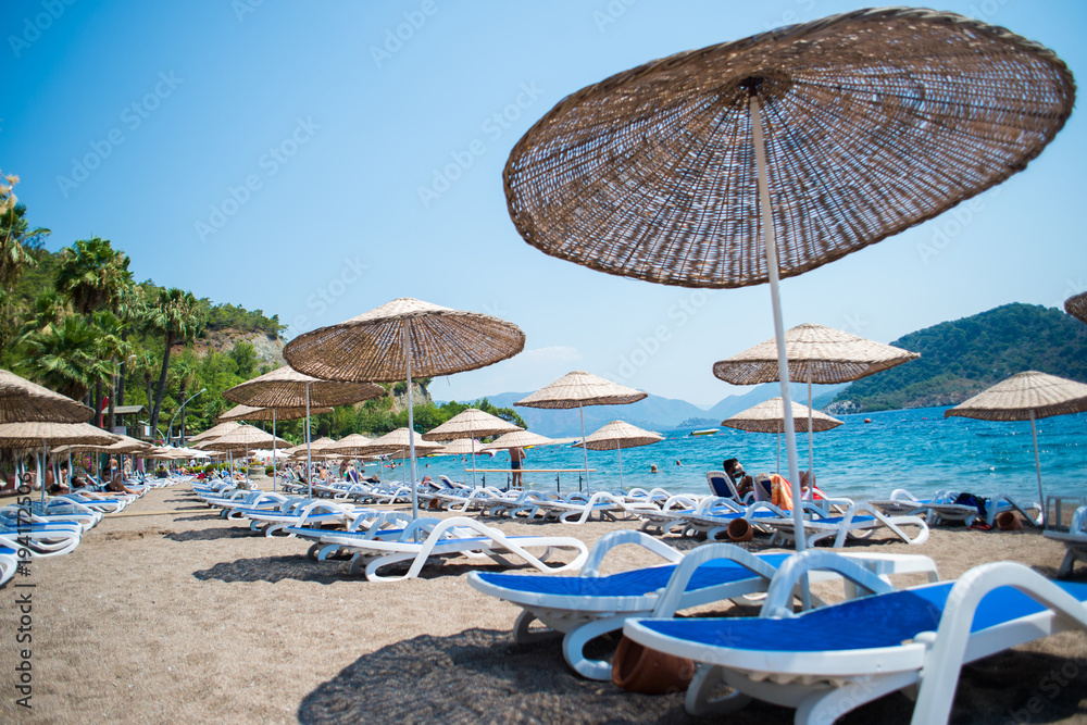 Sun loungers on a beach in Turkey