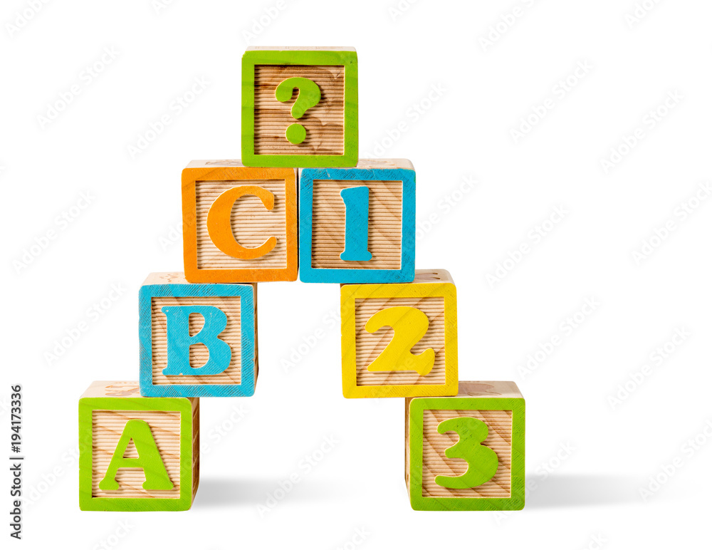 Letter and number blocks stacked on white background