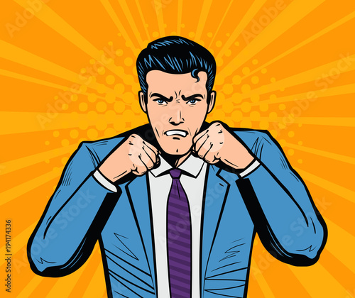 Aggressive businessman or super hero with fists. Business concept in pop art retro comic style. Cartoon vector illustration