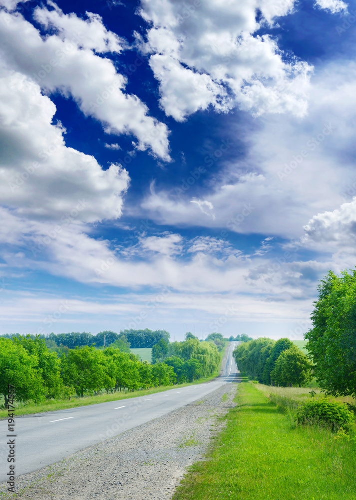 Asphalt road in the countryside through green summer fields Asphalt road in the countryside through green summer fields