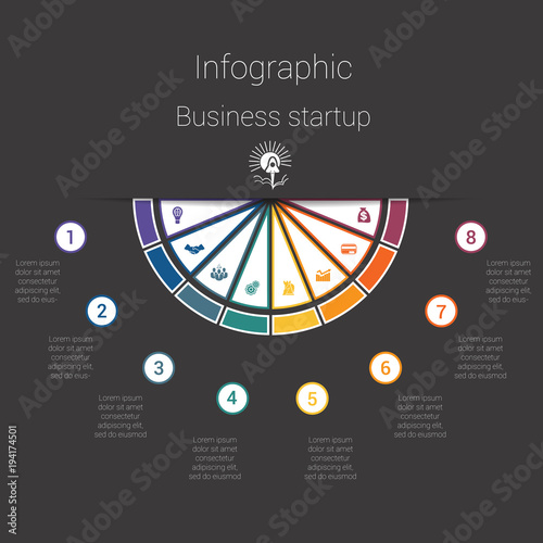 Dark infographic colorful semicircle 8 positions step by step processes.