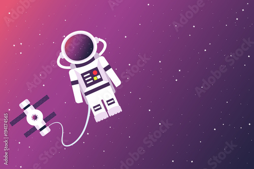 Fototapeta Naklejka Na Ścianę i Meble -  Astronaut and space station in the background of an open space. Vector illustration.