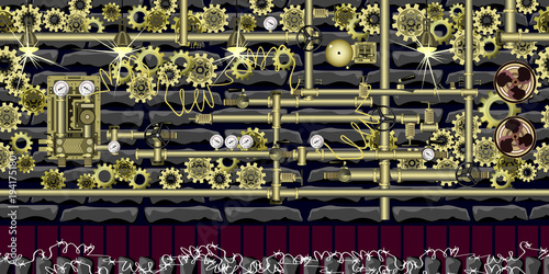 Seamless steampunk fantasy background with brass gears and pipes, 3 separated layers ready for parallax effect for mobile games and web design. Hand drawn vector endless looped background.