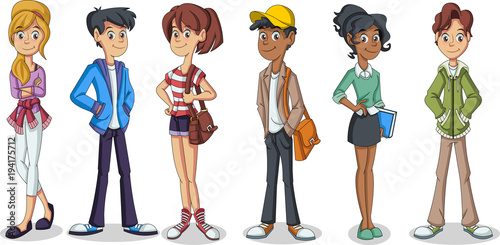 Group of cartoon young people. Teenagers students.
