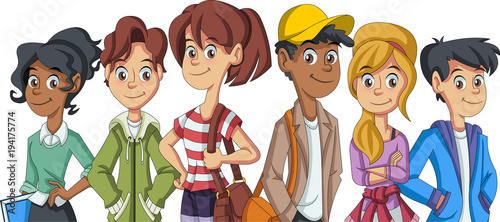 Group of cartoon young people. Teenagers students.
