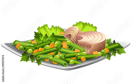 Tuna fish fillet on plate with kidney beans, lettuce leaves, sliced carrot and green peas. Hand drawn vector illustration on white background.