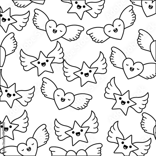cute hearts love and stars with wings kawaii pattern vector illustration design © grgroup
