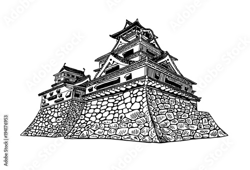 graphical sketch of matsumoto castle isolated on white background,vector,Japan