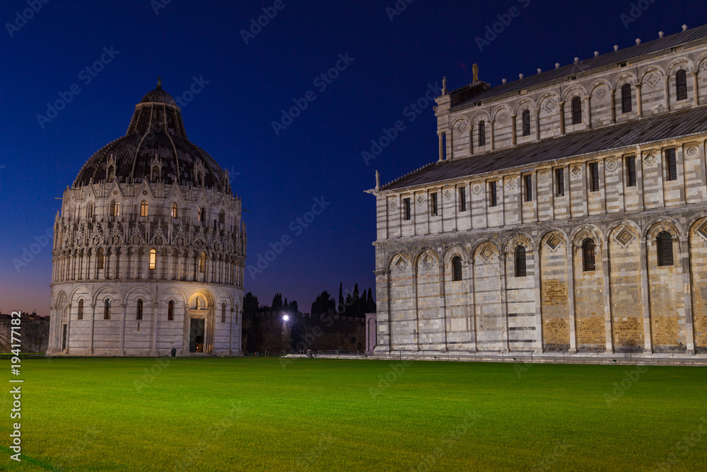 Pisa Baptistery in Square of Miracles at night. Pisa, Tuscany, Italy