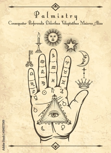 Vintage palmistry. Esoteric occult symbols on hand, palm of prophecy retro vector illustration