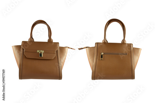 Brown female handbag with gold padlock design isolated on white background. beautiful style for woman.