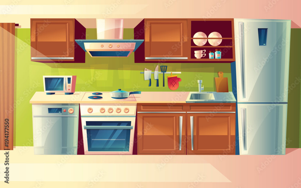 Vector cartoon cooking room interior, kitchen counter with appliances - washing machine, toaster, fridge, microwave, kettle, blender, stove, potholder. Cupboard furniture Household objects Vector cartoon cooking room interior, kitchen counter with appliances - washing machine, toaster, fridge, microwave, kettle, blender, stove, potholder. Cupboard furniture Household objects