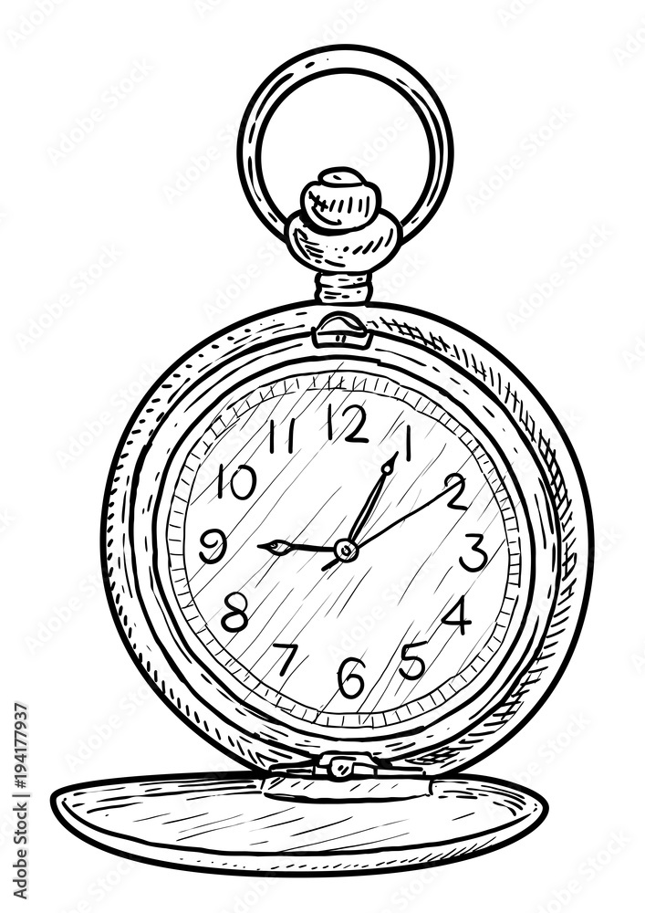 Pocket clock illustration, drawing, engraving, ink, line art, vector