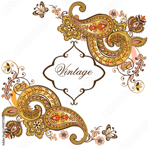Luxurious golden flower pattern with paisley and place for text. Vector vintage wedding invitation; ornate frame for design template.