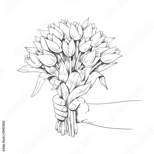 Hand is holding a bouquet of flowers. Line art. Vector illustration.