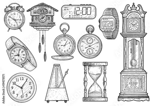 Clock collection illustration, drawing, engraving, ink, line art, vector