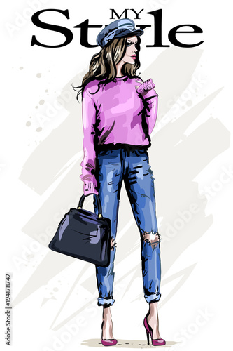 Beautiful young woman in stylish clothes. Fashion woman in cap. Blond hair girl with bag. Sketch.