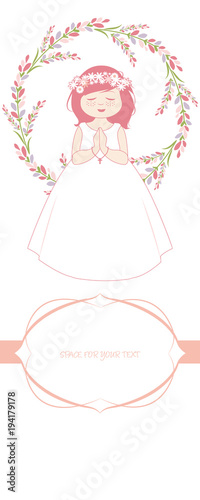 First communion celebration reminder. Cute girl wearing a white dress, surrounded by flower wreath. Space for text