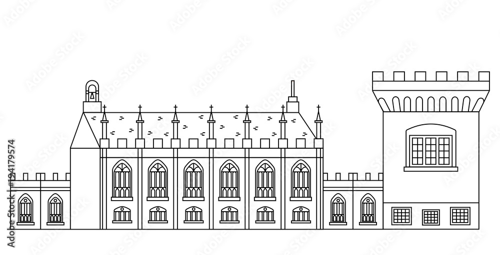 Dublin Castle - Irish government complex with Record Tower and Chapel Royal. Popular attractions and showplaces of Ireland in line design. Illustration of stronghold and church in outline style.
