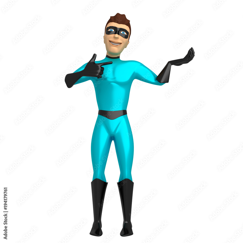 3d character in a superhero costume on a white background, holding something on one hand and pointing it at the other hand. 3d illustration 3d character in a superhero costume on a white background, holding something on one hand and pointing it at the other hand. 3d illustration
