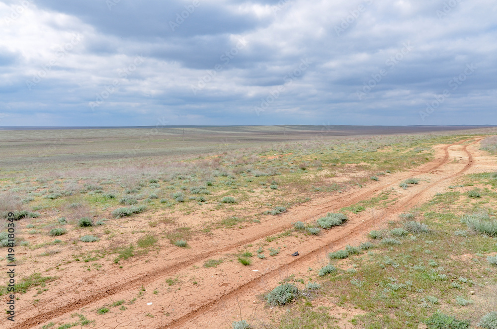 unpaved country road in spring steppe near Khulkhuta, Republic of Kalmykia