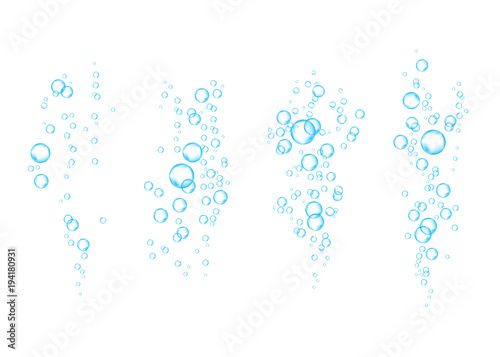  Blue underwater fizzing air bubbles  stream on white  background.
