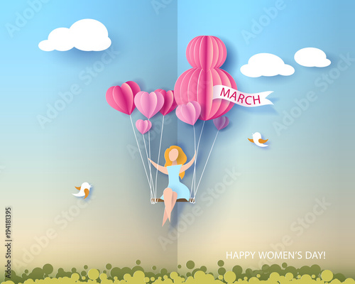 Card for 8 March womens day. Abstract background with text and woman flying with air balloons .Vector illustration. Paper cut and craft style. photo