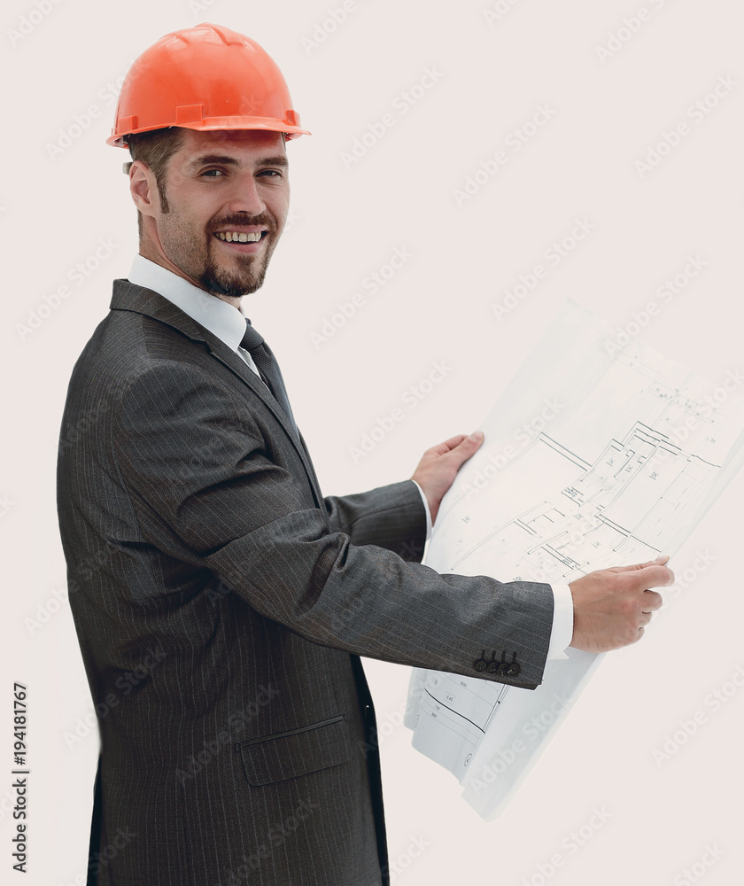 closeup. architect reading a blueprint .isolated on white closeup. architect reading a blueprint .isolated on white