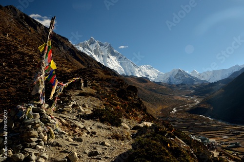 View of Mt. Lhotse and Mt. Imja Tse (Island Peak), Dingboche, Pheriche, Solukhumbu District, Sagarmatha Zone, Himalayas, Nepal, Asia photo