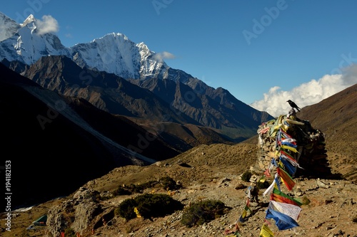 Raven on chorten, View of Mt. Kangtega and Mt. Thamserku, Dingboche, Pheriche, Solukhumbu District, Sagarmatha Zone, Himalayas, Nepal, Asia