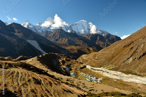 View of Mt. Kangtega and Mt. Thamserku, above the Pheriche village, Dusa, Dingboche, Solukhumbu District, Sagarmatha Zone, Himalayas, Nepal, Asia	