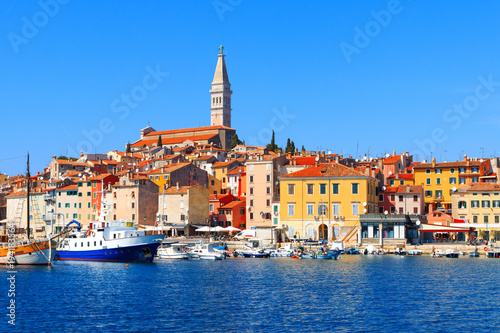 Beautiful and cozy medieval town of Rovinj  colorful with houses and church the harbor