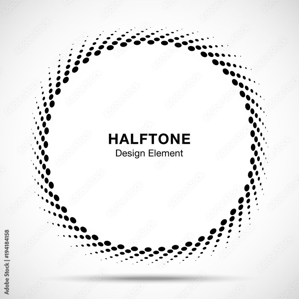Convex distorted black abstract vector circle frame halftone dots logo emblem design element for new technology pattern background. Round border Icon using halftone circle dots raster texture. Vector Convex distorted black abstract vector circle frame halftone dots logo emblem design element for new technology pattern background. Round border Icon using halftone circle dots raster texture. Vector