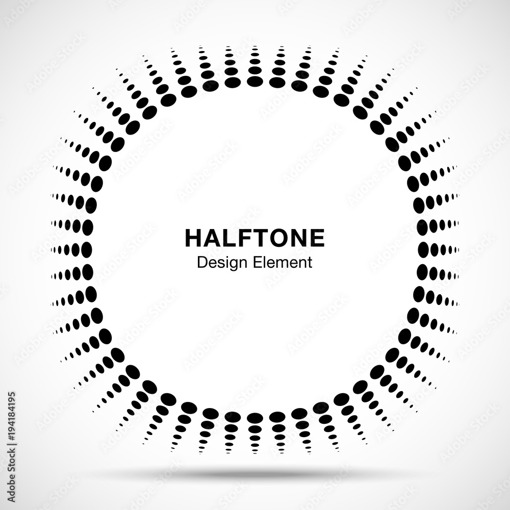 Convex distorted black abstract vector circle frame halftone dots logo emblem design element for new technology pattern background. Round border Icon using halftone circle dots raster texture. Vector Convex distorted black abstract vector circle frame halftone dots logo emblem design element for new technology pattern background. Round border Icon using halftone circle dots raster texture. Vector