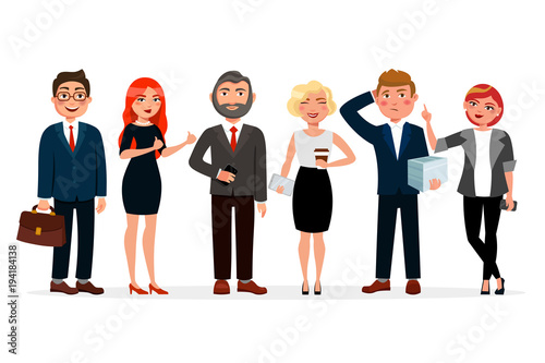 Business people standing together vector illustration in flat design. Set of various business people cartoon characters for infographic design. Business men and women isolated on white background.