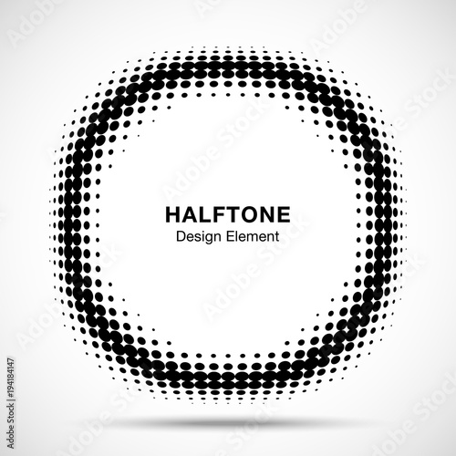 Convex distorted black abstract vector circle frame halftone dots logo emblem design element for new technology pattern background. Round border Icon using halftone circle dots raster texture. Vector 